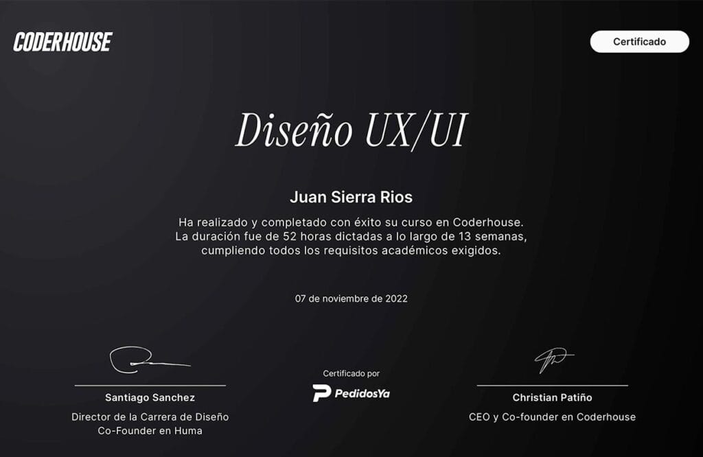 Certificado de diseño UX/UI obtenido por ingeniero multimedia