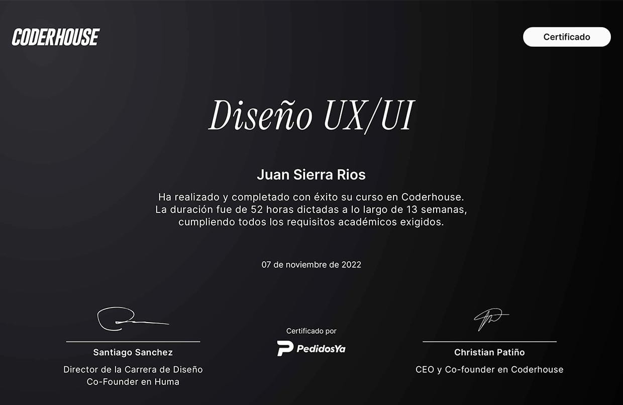 Certificado de diseño UX/UI obtenido por ingeniero multimedia
